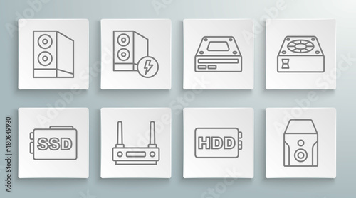Set line SSD card, Case of computer, Router and wi-fi signal, Hard disk drive HDD, Uninterruptible power supply, Optical disc, Computer cooler and icon. Vector