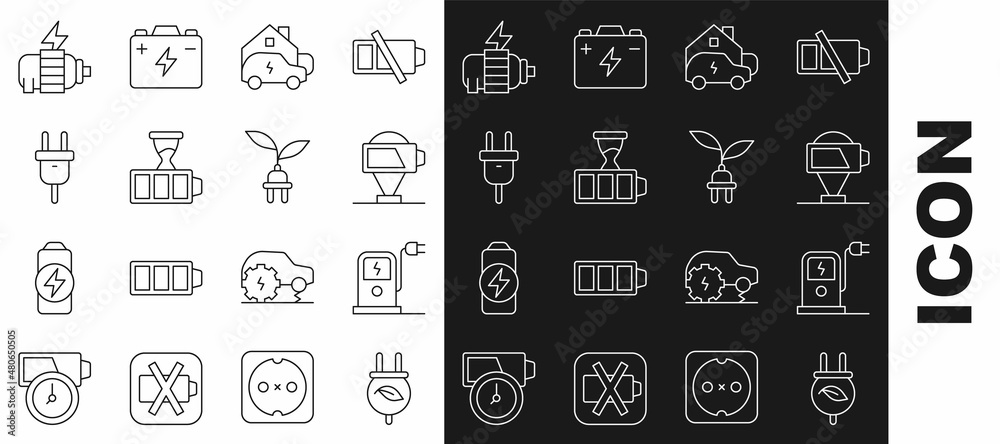 Set line Electric saving plug in leaf, car charging station, Battery charge, Charging home, motor and icon. Vector Set line Electric saving plug in leaf, car charging station, Battery charge, Charging home, motor and icon. Vector