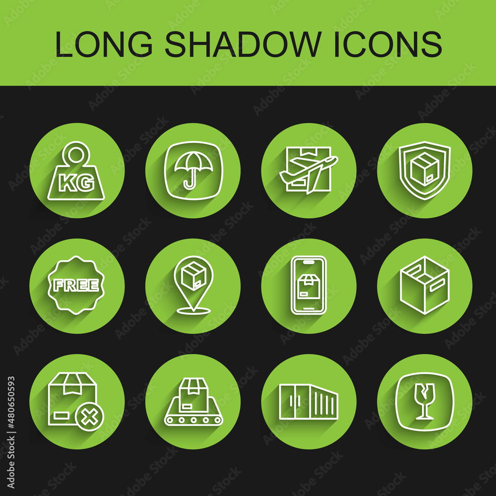 Set line Carton cardboard box, Conveyor belt with, Weight, Container, Fragile broken glass, Location, and Mobile app delivery tracking icon. Vector Set line Carton cardboard box, Conveyor belt with, Weight, Container, Fragile broken glass, Location, and Mobile app delivery tracking icon. Vector