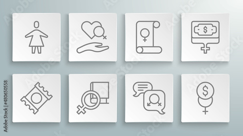 Set line Condom in package, Heart with female gender, Book about women, Gender equality, Feminism finance, Money growth woman and Female icon. Vector