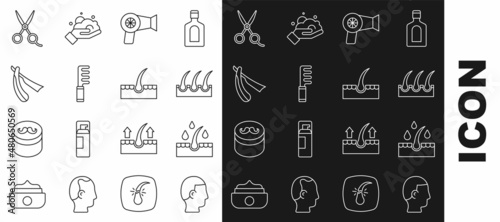 Set line Hairstyle for men, Oil hair care treatment, Human follicle, dryer, Hairbrush, Straight razor, Scissors hairdresser and icon. Vector