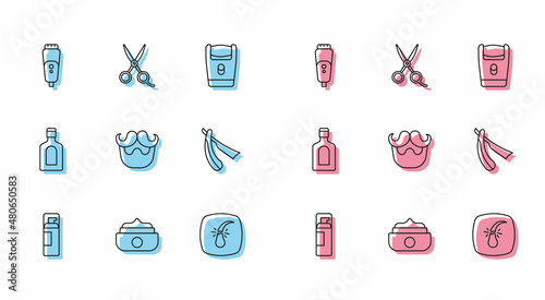 Set line Shaving gel foam, Gel or wax for hair styling, Electric razor blade, Broken follicle, Mustache and beard, Straight, Bottle of shampoo and Scissors hairdresser icon. Vector