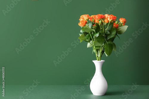 Vase with beautiful orange roses on green background © Pixel-Shot