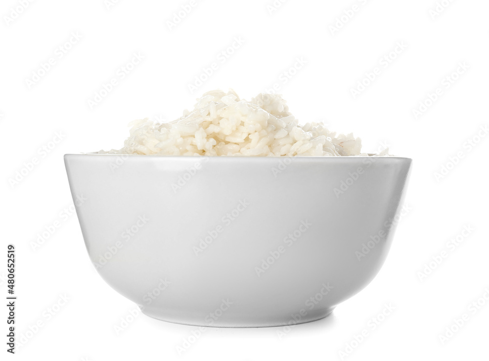 Bowl with tasty boiled rice on white background Bowl with tasty boiled rice on white background