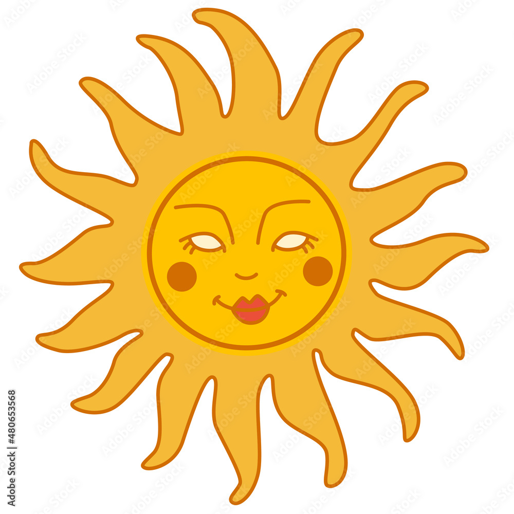 Cute retro sun with smiling face. Retro groovy style.