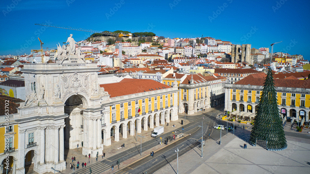 Lisbon, Portugal - January 13, 2022: Aerial drone view of the Augusta Street Arch from Commerce Square in Lisbon, Portugal.