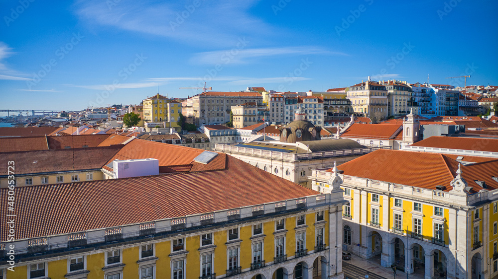Aerial drone view over Commerce Square and Lisbon City Council (Town Hall)