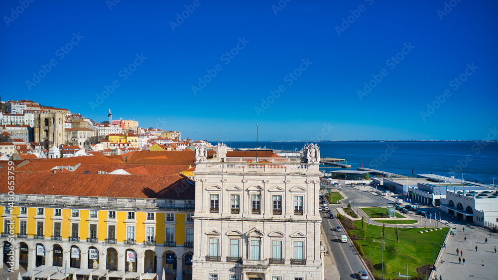 Lisbon, Portugal - January 13, 2022: Aerial drone view over Commerce Square in Lisbon, Portugal.