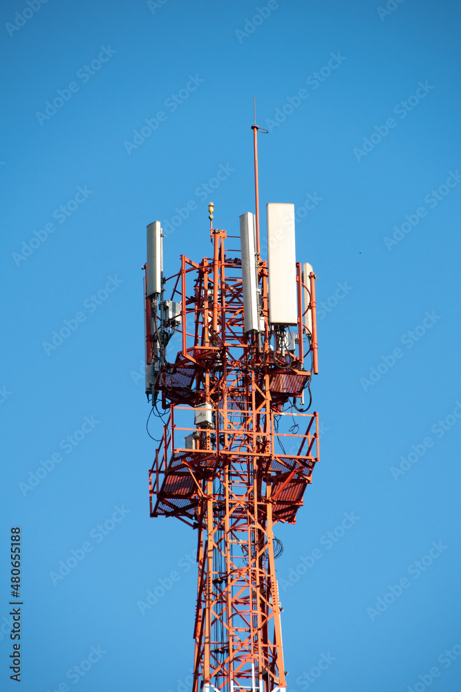Telecommunication tower of 4G and 5G cellular. Antenna transmission communication. Cell phone signal base station. Telecommunication tower of 4G and 5G cellular. Antenna transmission communication. Cell phone signal base station.
