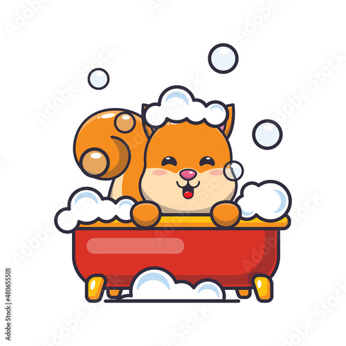 Cute squirrel taking bubble bath in bathtub cartoon vector illustration.