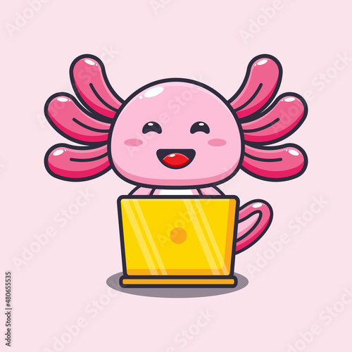 Cute axolotl with laptop cartoon vector illustration.
