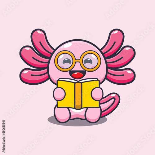 Cute axolotl reading a book cartoon vector illustration.