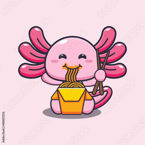 Cute axolotl eating noodle cartoon vector illustration.