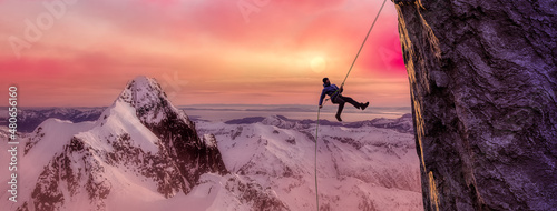 Adult adventurous man rappelling down a rocky cliff. Extreme adventure composite. 3d rendering mountain artwork. Aerial background landscape from British Columbia, Canada.