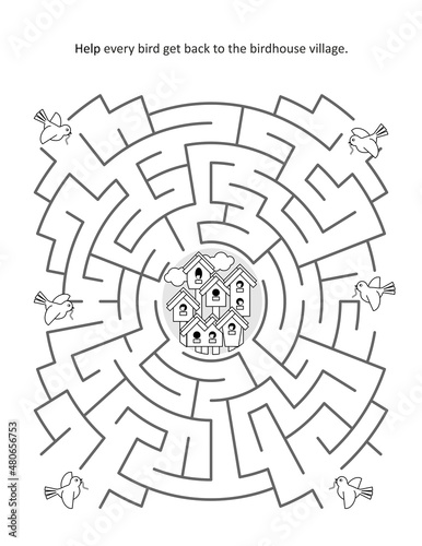 Maze game or activity page for kids: Help every bird get back to the birdhouse village.
