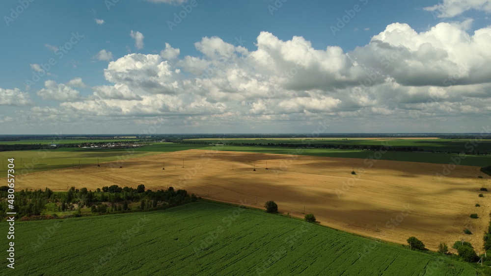Naklejka premium White clouds move across the sky over different fields