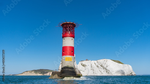 Obraz na płótnie Front view of The Needles Lighthouse and chalk rocks in Alum Bay, Isle of Wight,