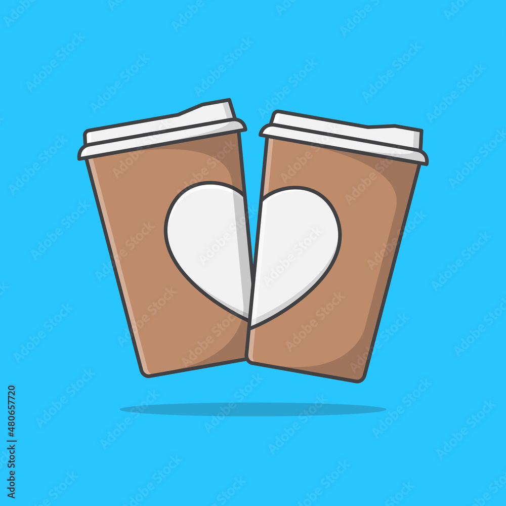 Two Paper Cup Of Coffee With Heart Vector Icon Illustration. Coffee flat icon Two Paper Cup Of Coffee With Heart Vector Icon Illustration. Coffee flat icon