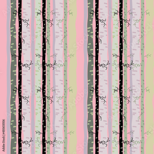 Tropical pattern. Seamless background tree. Hand drawn. Pastel colorful lines. , print forest nature summer leafless twigs on colored lines Ink brush strokes, fabric design ideas and wallpaper. © Kullaya