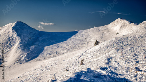 Winter mountain landscape. Mount Osadzki Wierch, Polonina Wetlinska, Bieszczady National Park, Poland. photo
