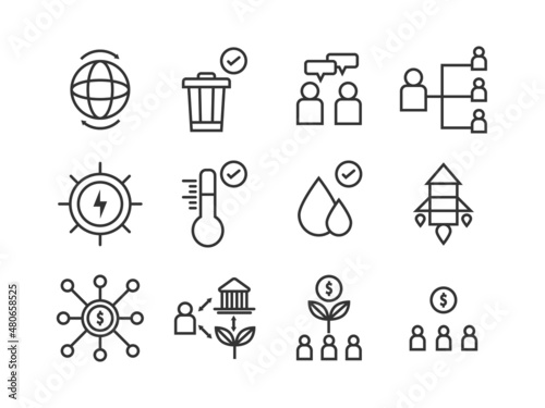 Set of environment, social, and governance(ESG)icons. Thin line icons such as sustainable ecological, save water and energy, honest people. Editable stroke. Pixel perfect 64x64 For web and mobile.