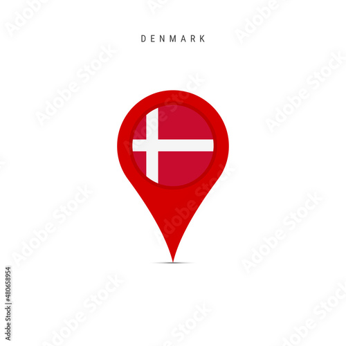 Teardrop map marker with flag of Denmark. Danish flag inserted in the location map pin. Flat vector illustration isolated on white background.