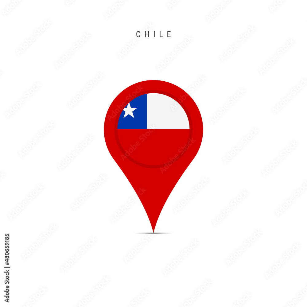 Teardrop map marker with flag of Chile. Chilean flag inserted in the location map pin. Flat vector illustration isolated on white background. Teardrop map marker with flag of Chile. Chilean flag inserted in the location map pin. Flat vector illustration isolated on white background.