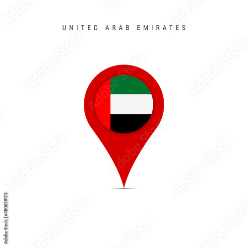Teardrop map marker with flag of United Arab Emirates. UAE flag inserted in the location map pin. Flat vector illustration isolated on white background.