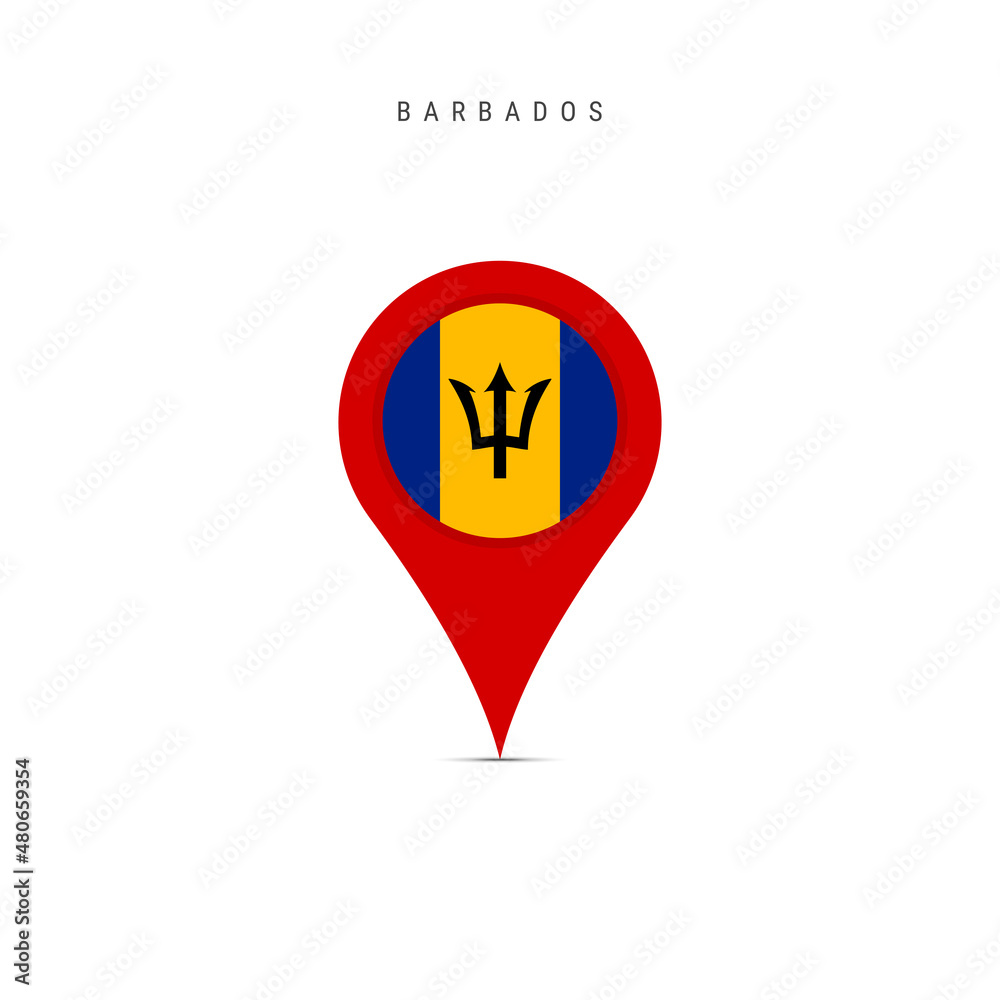 Teardrop map marker with flag of Barbados. Barbadian flag inserted in the location map pin. Flat vector illustration isolated on white background. Teardrop map marker with flag of Barbados. Barbadian flag inserted in the location map pin. Flat vector illustration isolated on white background.