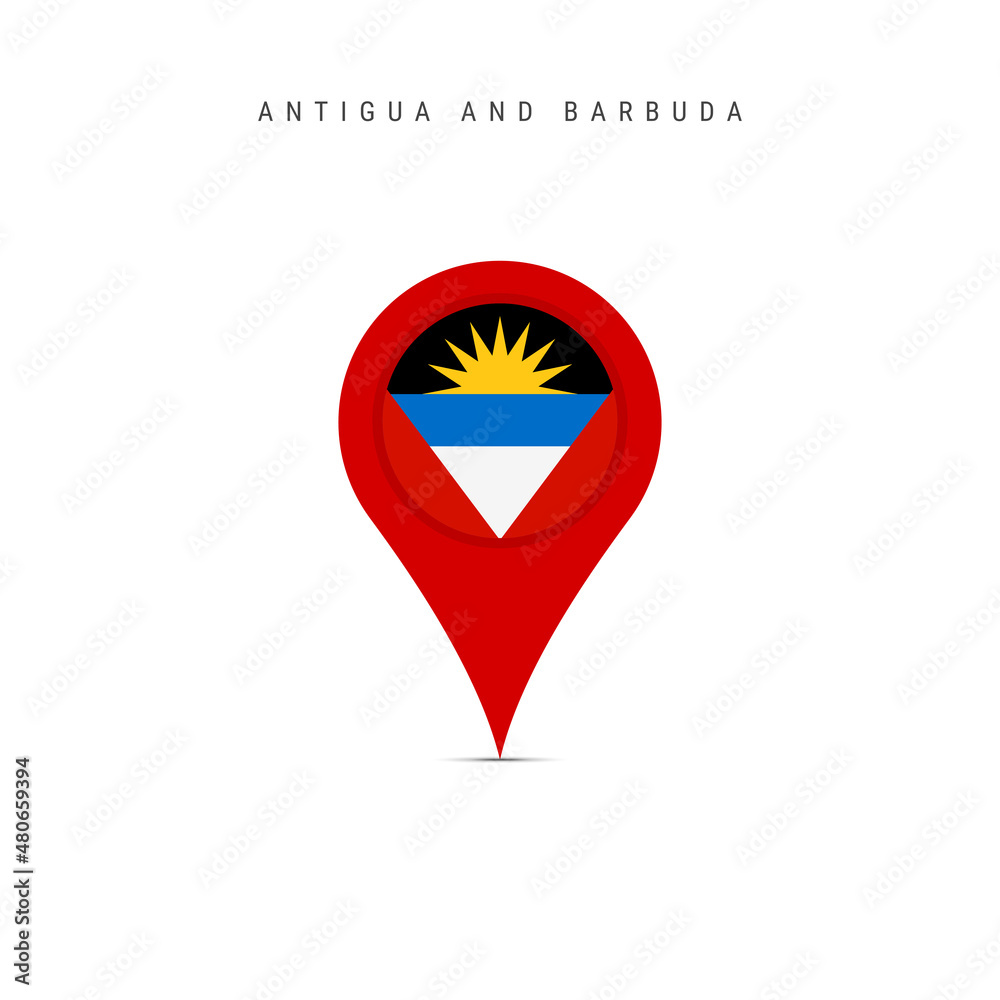 Teardrop map marker with flag of Antigua and Barbuda. Antiguan Barbudan flag inserted in the location map pin. Flat vector illustration isolated on white background.