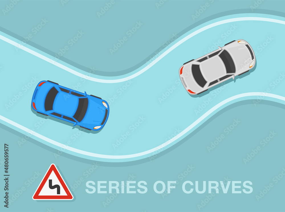Driving a car. Safety driving and traffic regulating rules. Three or more curves in a row on the road ahead sign. Flat vector illustration template. Driving a car. Safety driving and traffic regulating rules. Three or more curves in a row on the road ahead sign. Flat vector illustration template.