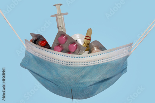 bandage, mask, protection, virus, drugs, pills medicine the syringe, on the isolated background, a concept of treatment of a virus