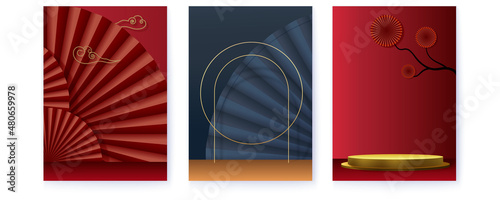 Set of posters with studios for branding, product display and presentation. Asian style studios with paper fans.
