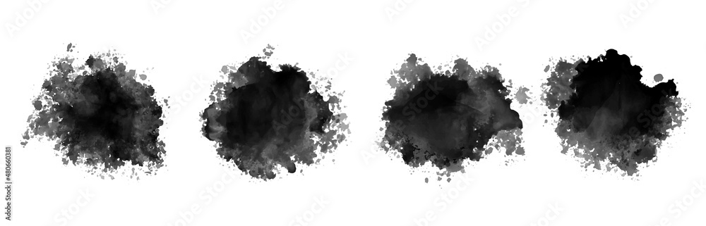 black ink watercolor splatter texture set of four - obrazy, fototapety, plakaty 