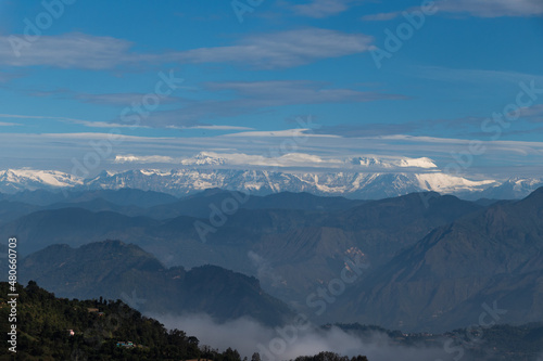 Beautiful mountain range and mountains located at Pokhara as seen from Bhairabsthan Temple, Bhairabsthan, Palpa, Nepal