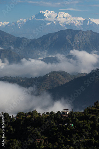 Beautiful mountain range and mountains located at Pokhara as seen from Bhairabsthan Temple, Bhairabsthan, Palpa, Nepal photo