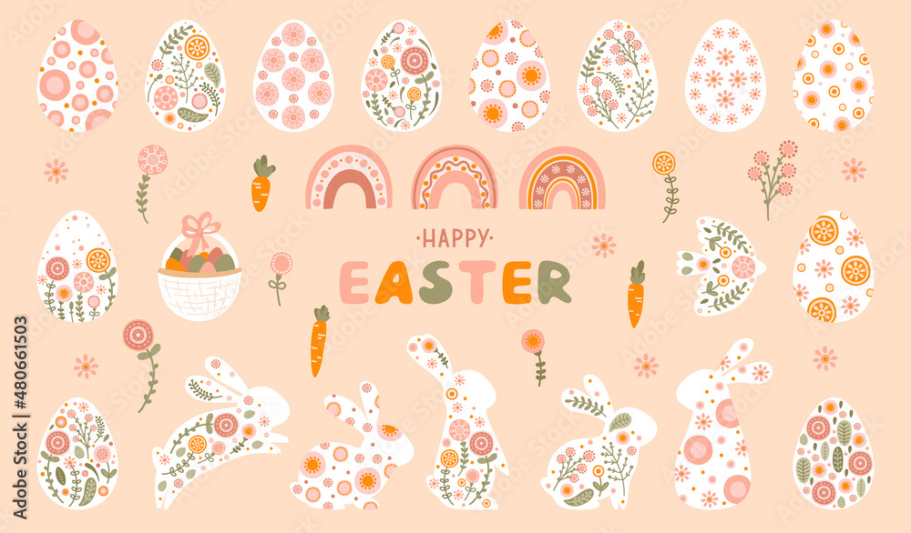 Set easter eggs and rabbits in pastel colors. Illustrations with spring flowers, rainbow, bunny, carrot, bird and lettering Happy Easter . Vector