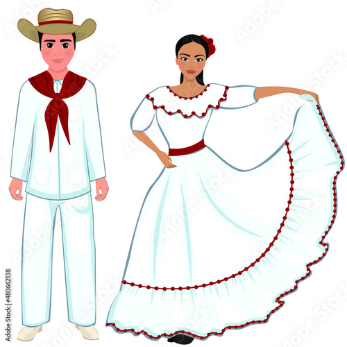 Woman and man in folk national Cuban costumes. Vector illustration