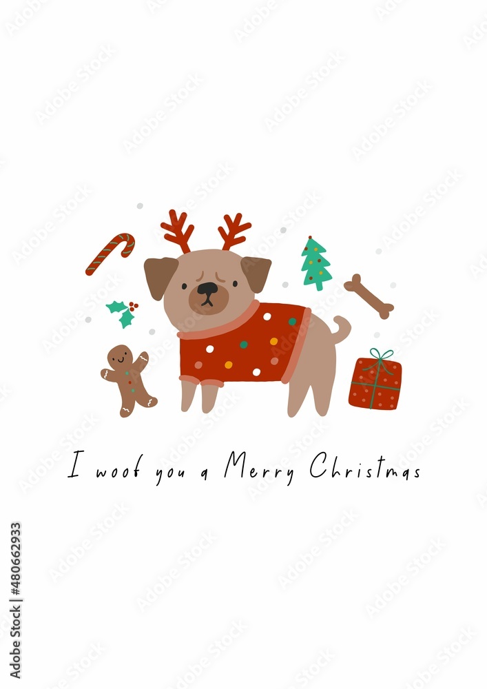 Cute cartoon Christmas dogs - vector prin in flat style. Holidays pet in Christmas hat. 