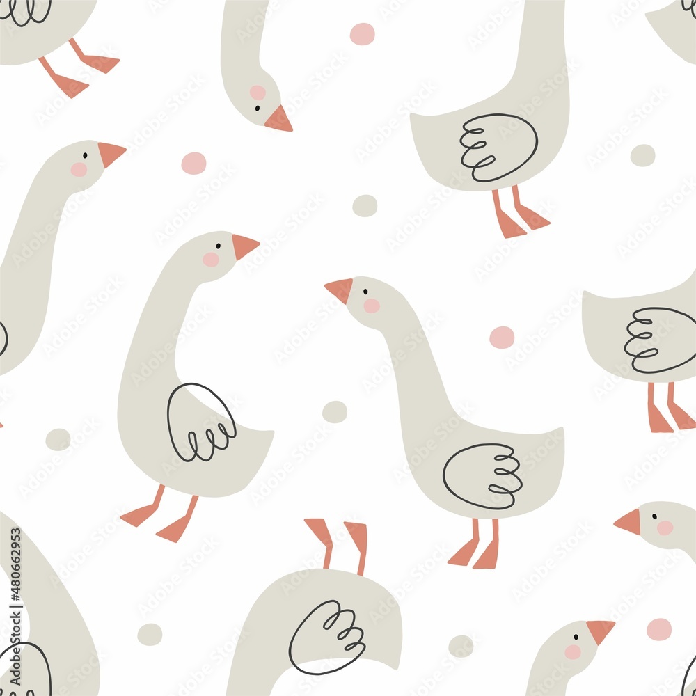 Fototapeta premium Hand drawn spring pattern with cote cartoon goose, flowers, leaves. Seamless pattern