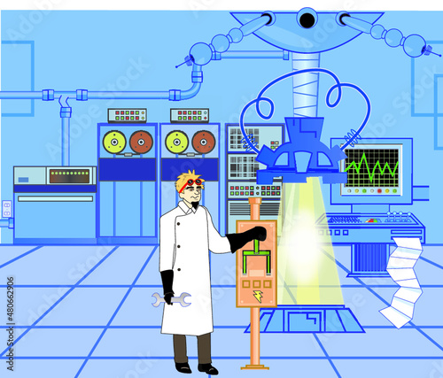 Mad scientist inventor throwing the switch in his science lab full of computers and technology
