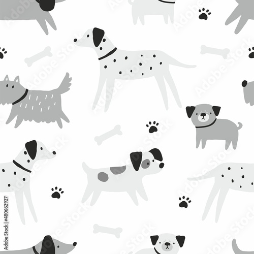Cute Hand drawn dog - vector print in doodle style. Seamless pattern with pet