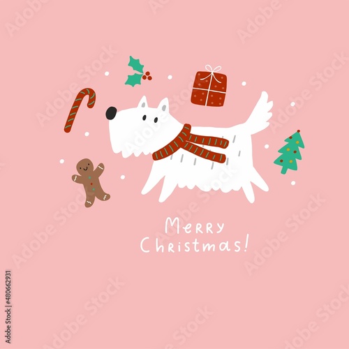 Cute cartoon Christmas dogs - vector prin in flat style. Holidays pet in Christmas hat. 