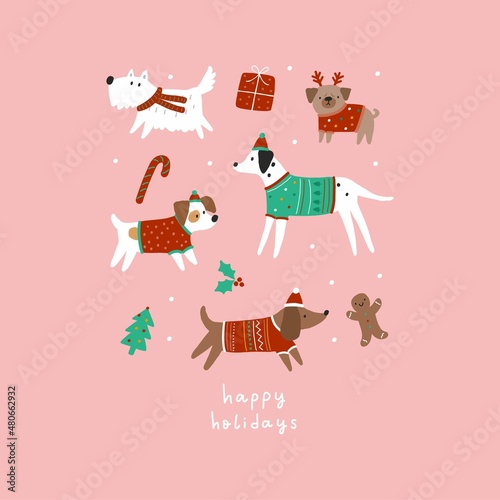Cute cartoon Christmas dogs - vector prin in flat style. Holidays pet in Christmas hat. 