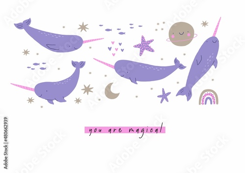 Cute cartoon Narwhal and heart, stars, moon, rainbow, ocean, fish - vecor print. Very Peri Narwhal - Children's Room Wall Decor - cards or poster. Valentine day cards