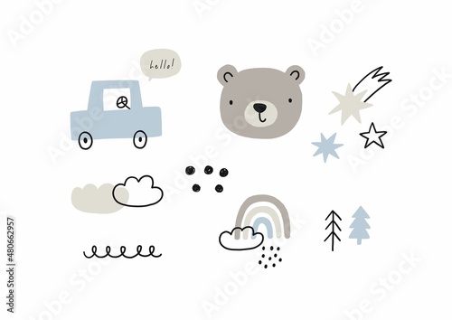 Cute little bear and car - vector illustrations in boho style. Nursery scandinavian print