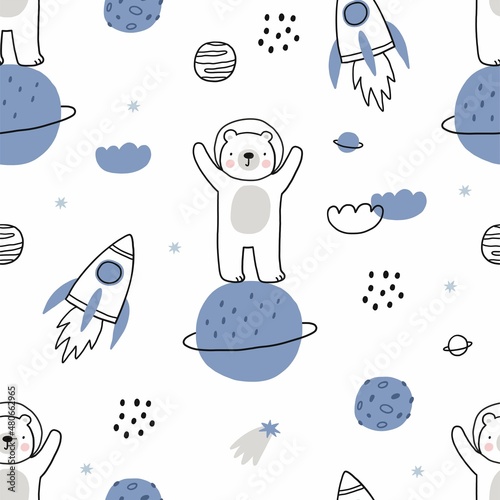 Cute cartoon bear in space - vector print. Bear astronaut illustration, star, planet, rocket - seamless pattern