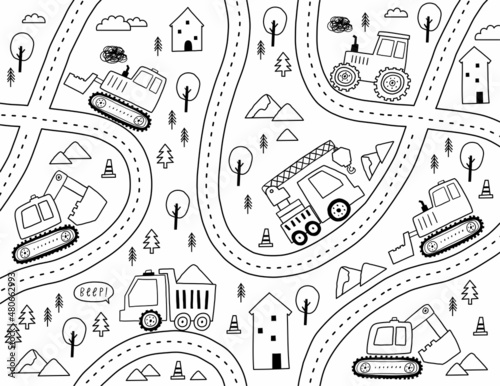 Hand drawn cute cars - Truck, tractor, cargo crane, bulldozer, excavator. Vector coloring page with cute cars for fabric, textile and wallpaper design. Vector cars in scandinavian style. Printable car