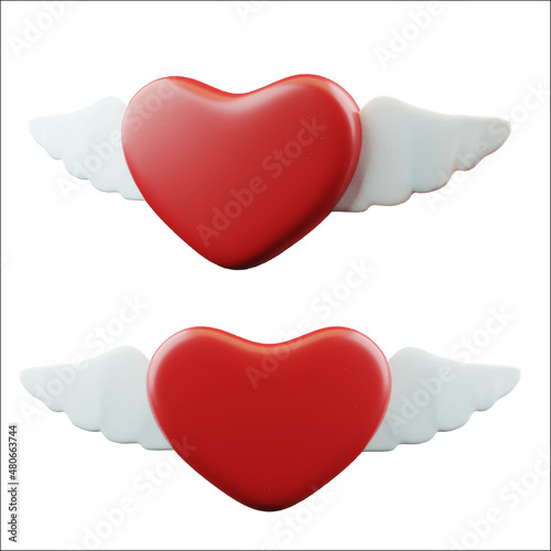 Set of Red realistic hearts with wings. Happy symbol of Valentine's Day, object of romantic love.