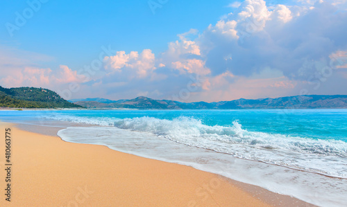 Fototapeta Naklejka Na Ścianę i Meble -  Colorful hot summer landscape of sand beach - Antalya Turkey